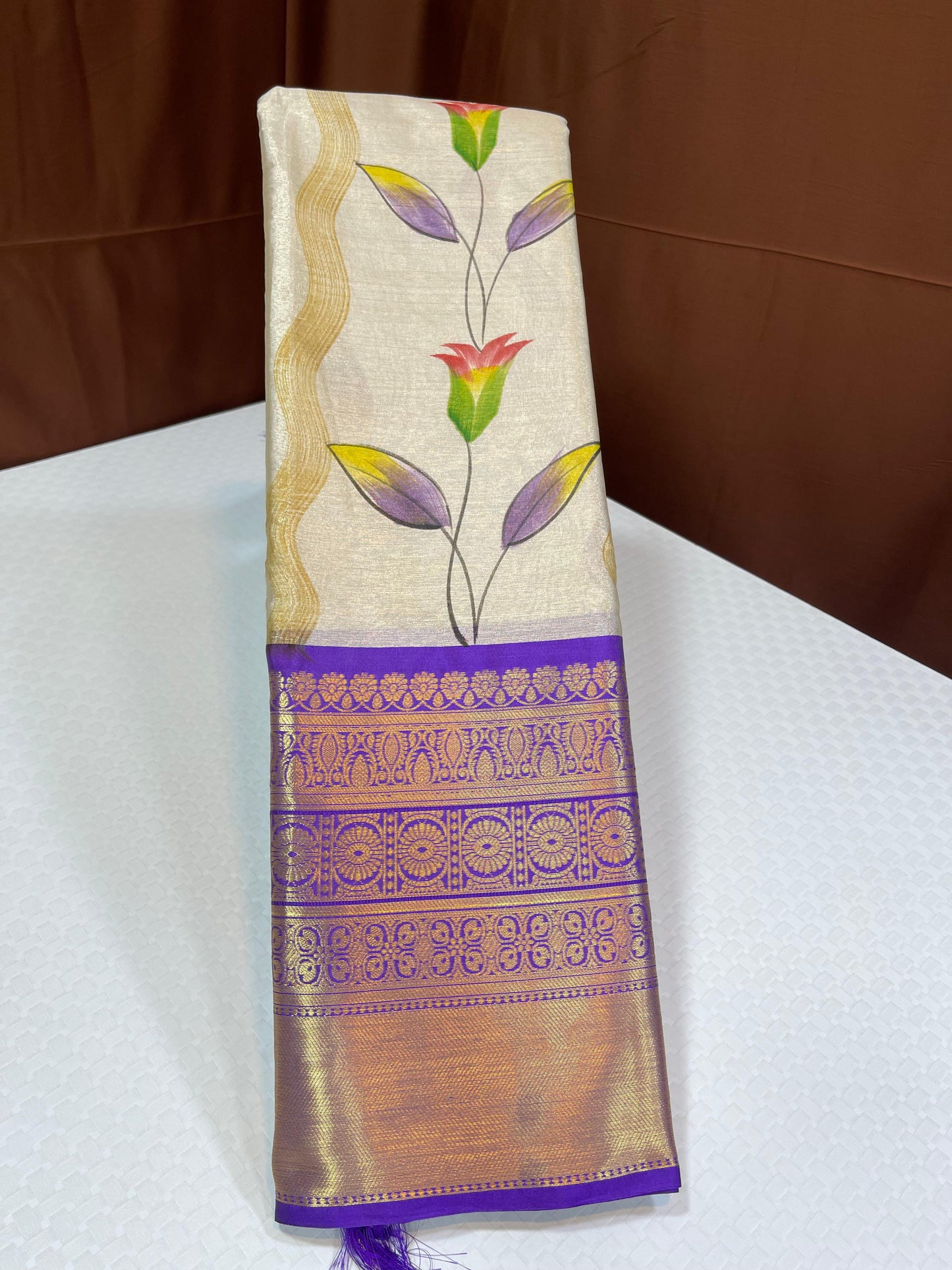 Off white Tissue Silk Floral Handpainted Boota Contrast Lavender Border Banarasi Saree MS_TS15