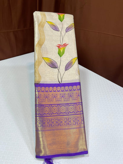 Off white Tissue Silk Floral Handpainted Boota Contrast Lavender Border Banarasi Saree MS_TS15