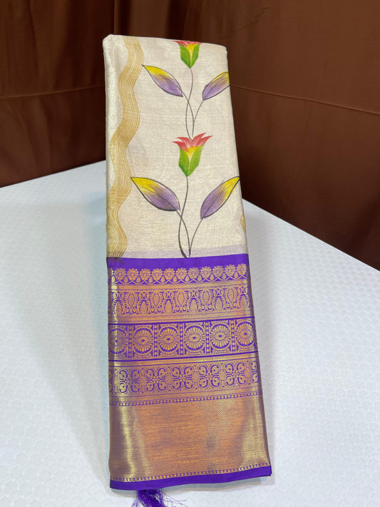 Off white Tissue Silk Floral Handpainted Boota Contrast Lavender Border Banarasi Saree MS_TS15