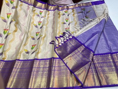 Off white Tissue Silk Floral Handpainted Boota Contrast Lavender Border Banarasi Saree MS_TS15