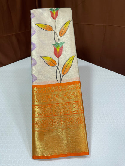 Off white Tissue Silk Floral Handpainted Boota Contrast Orange Border Banarasi Saree MS_TS16