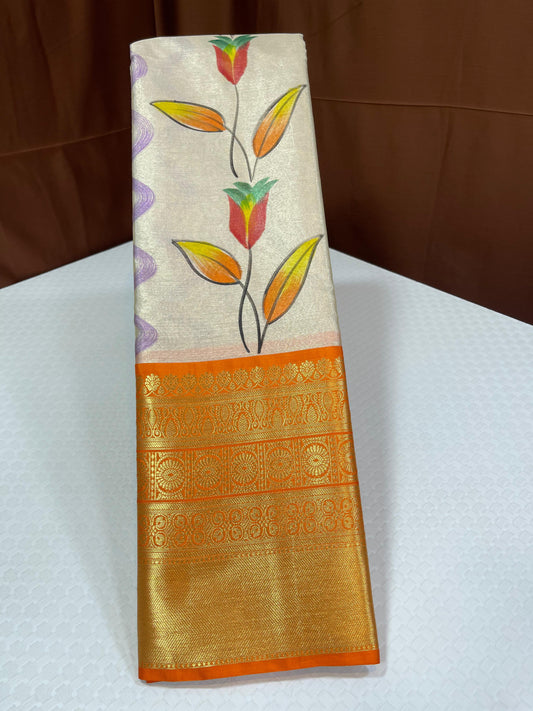 Off white Tissue Silk Floral Handpainted Boota Contrast Orange Border Banarasi Saree MS_TS16