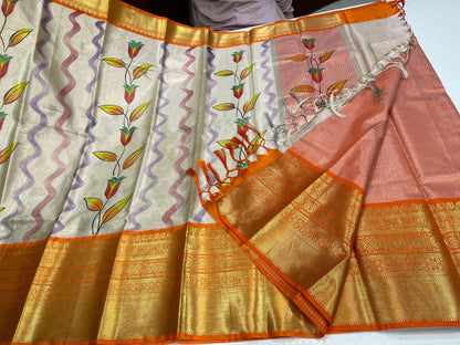 Off white Tissue Silk Floral Handpainted Boota Contrast Orange Border Banarasi Saree MS_TS16