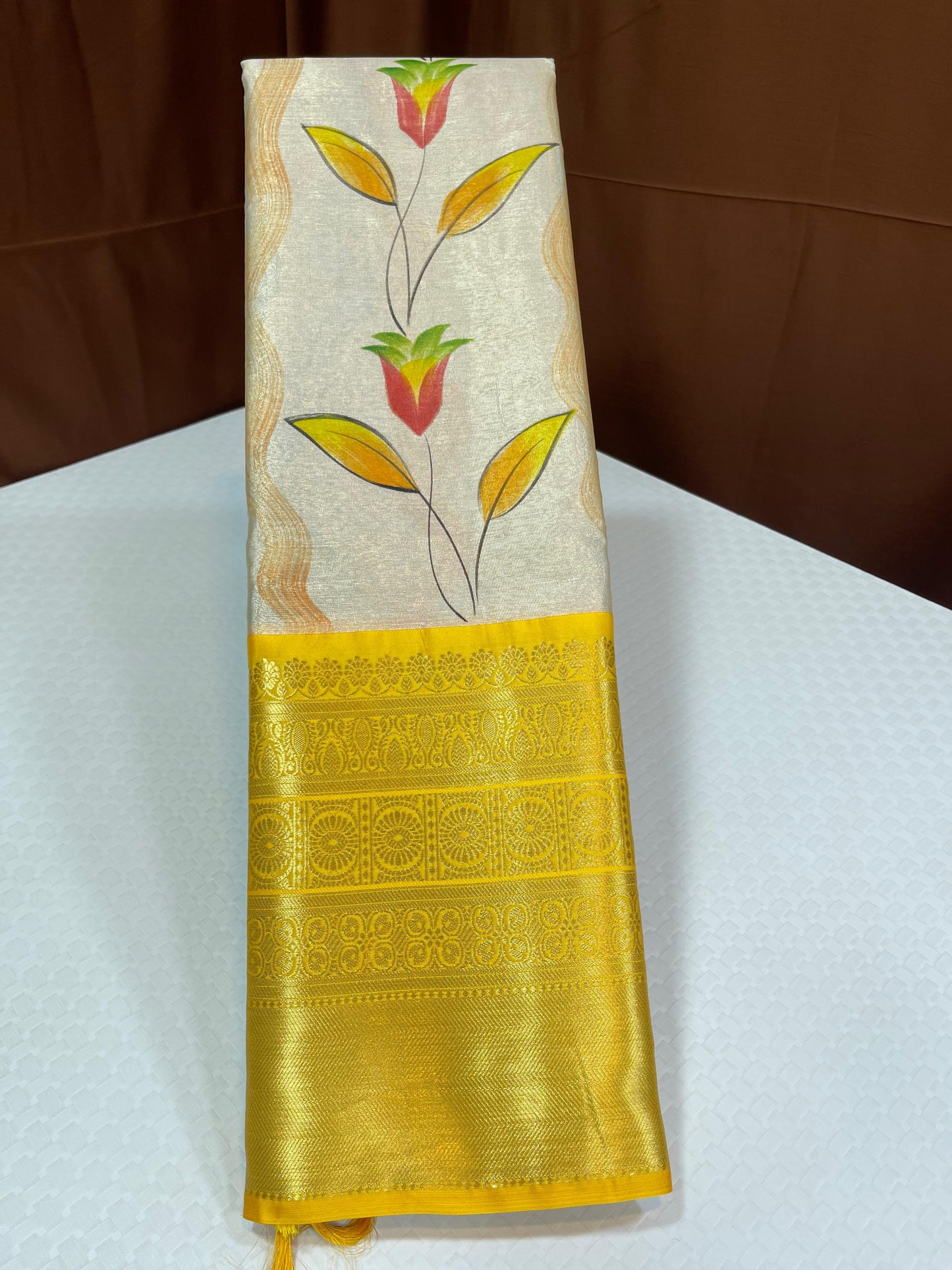 Off white Tissue Silk Floral Handpainted Boota Contrast Gold Border Banarasi Saree MS_TS17