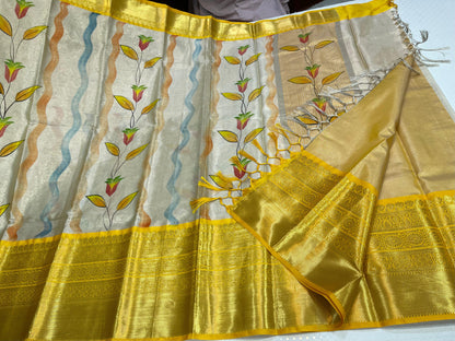 Off white Tissue Silk Floral Handpainted Boota Contrast Gold Border Banarasi Saree MS_TS17