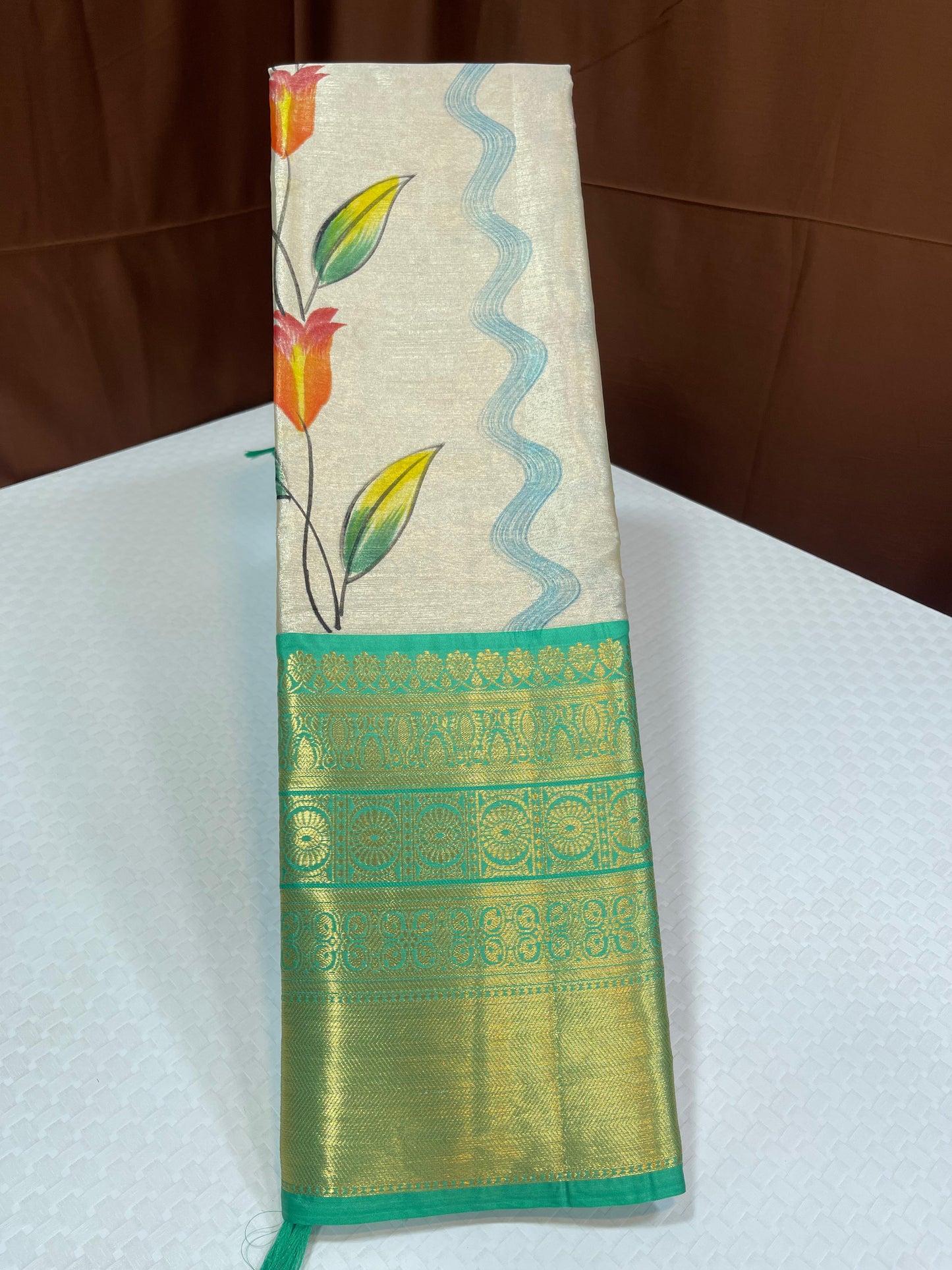 Off white Tissue Silk Floral Handpainted Boota Contrast Seagreen Border Banarasi Saree MS_TS18