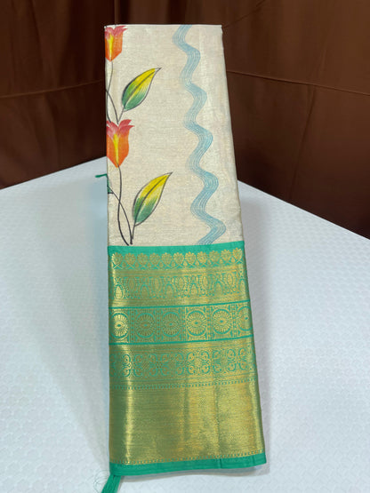 Off white Tissue Silk Floral Handpainted Boota Contrast Seagreen Border Banarasi Saree MS_TS18