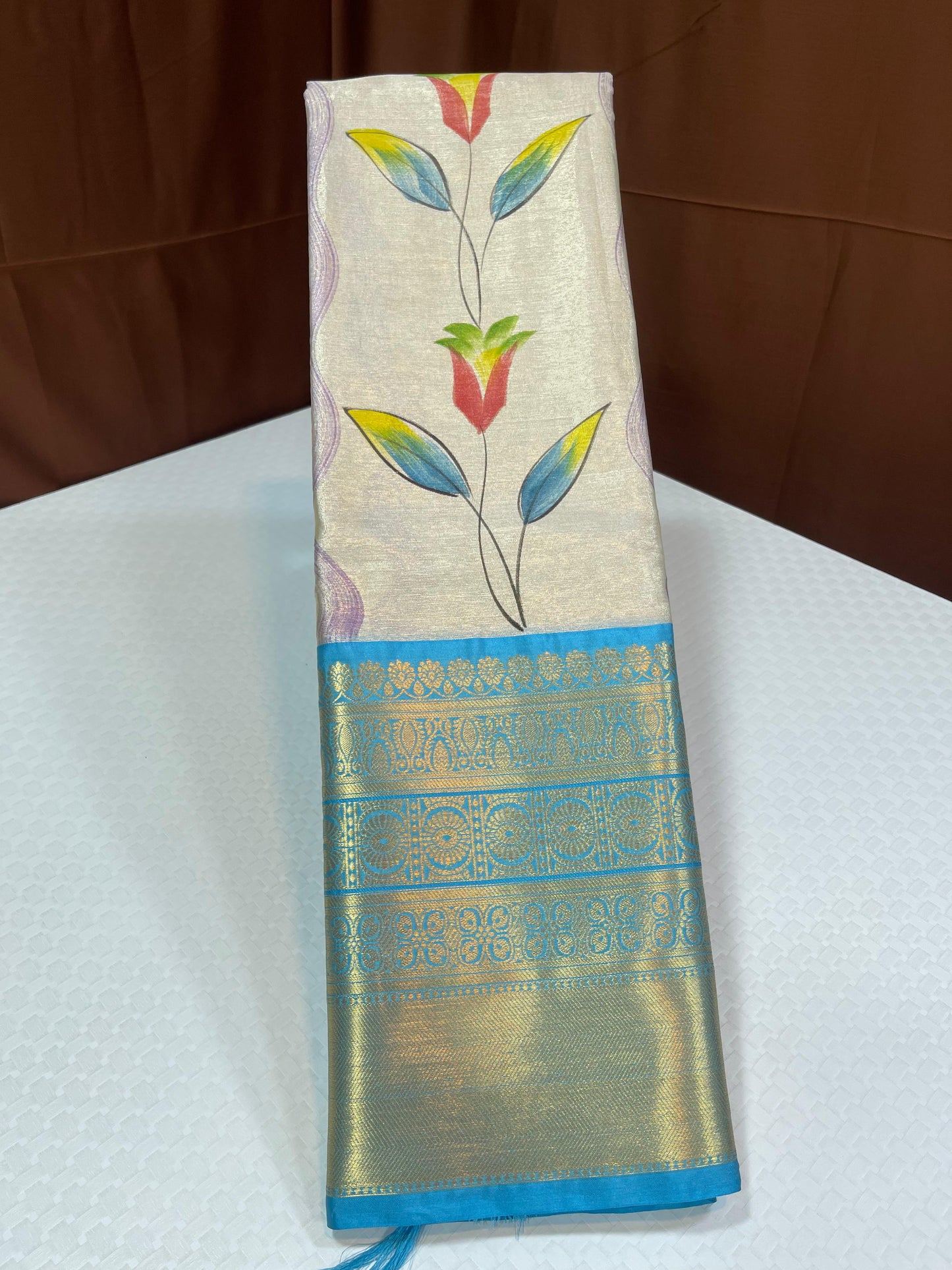 Off white Tissue Silk Floral Handpainted Boota Contrast Blue Border Banarasi Saree MS_TS19