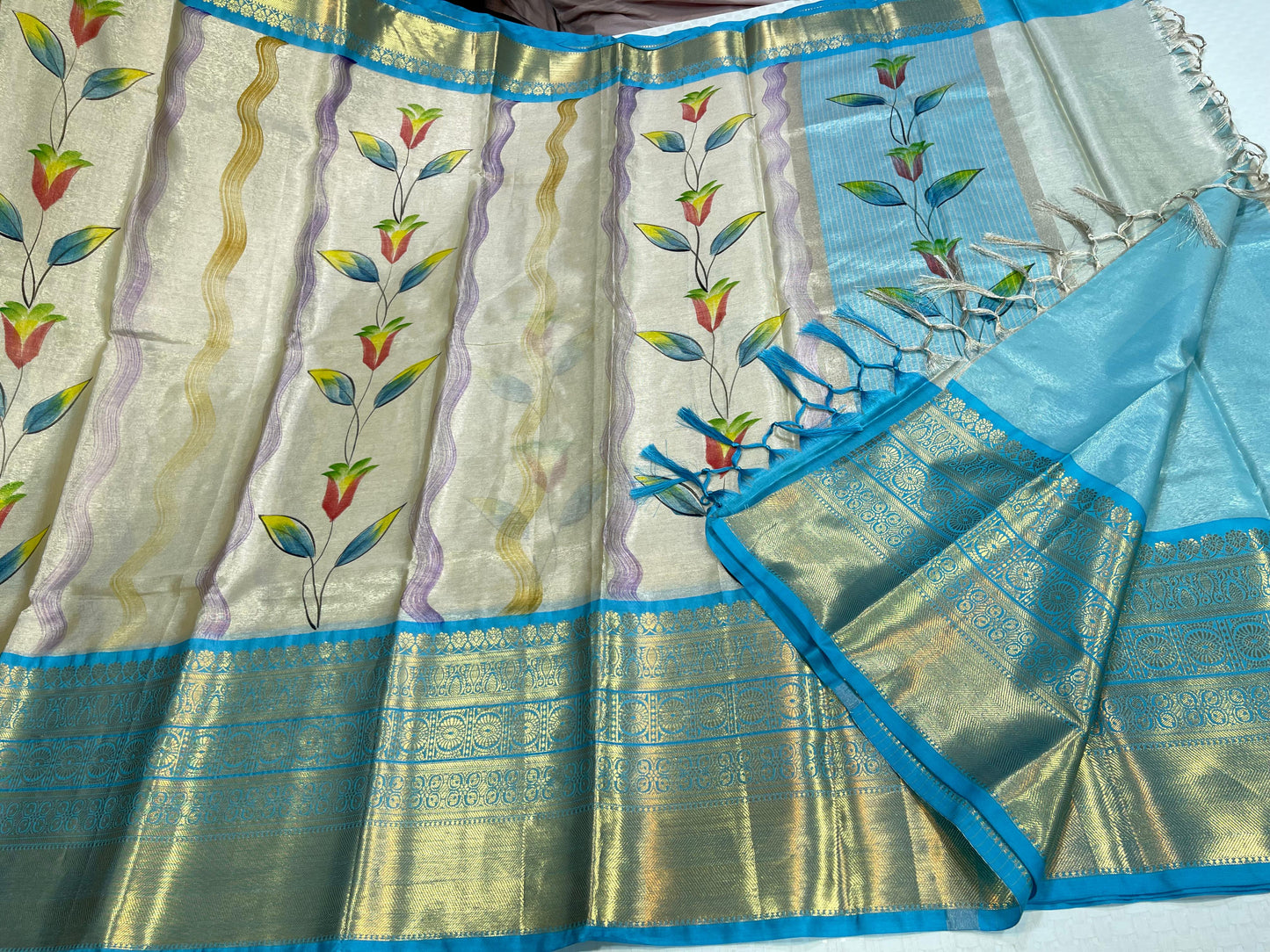 Off white Tissue Silk Floral Handpainted Boota Contrast Blue Border Banarasi Saree MS_TS19