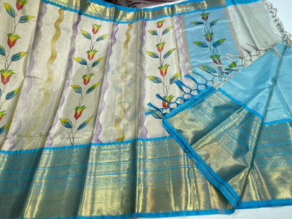 Off white Tissue Silk Floral Handpainted Boota Contrast Blue Border Banarasi Saree MS_TS19
