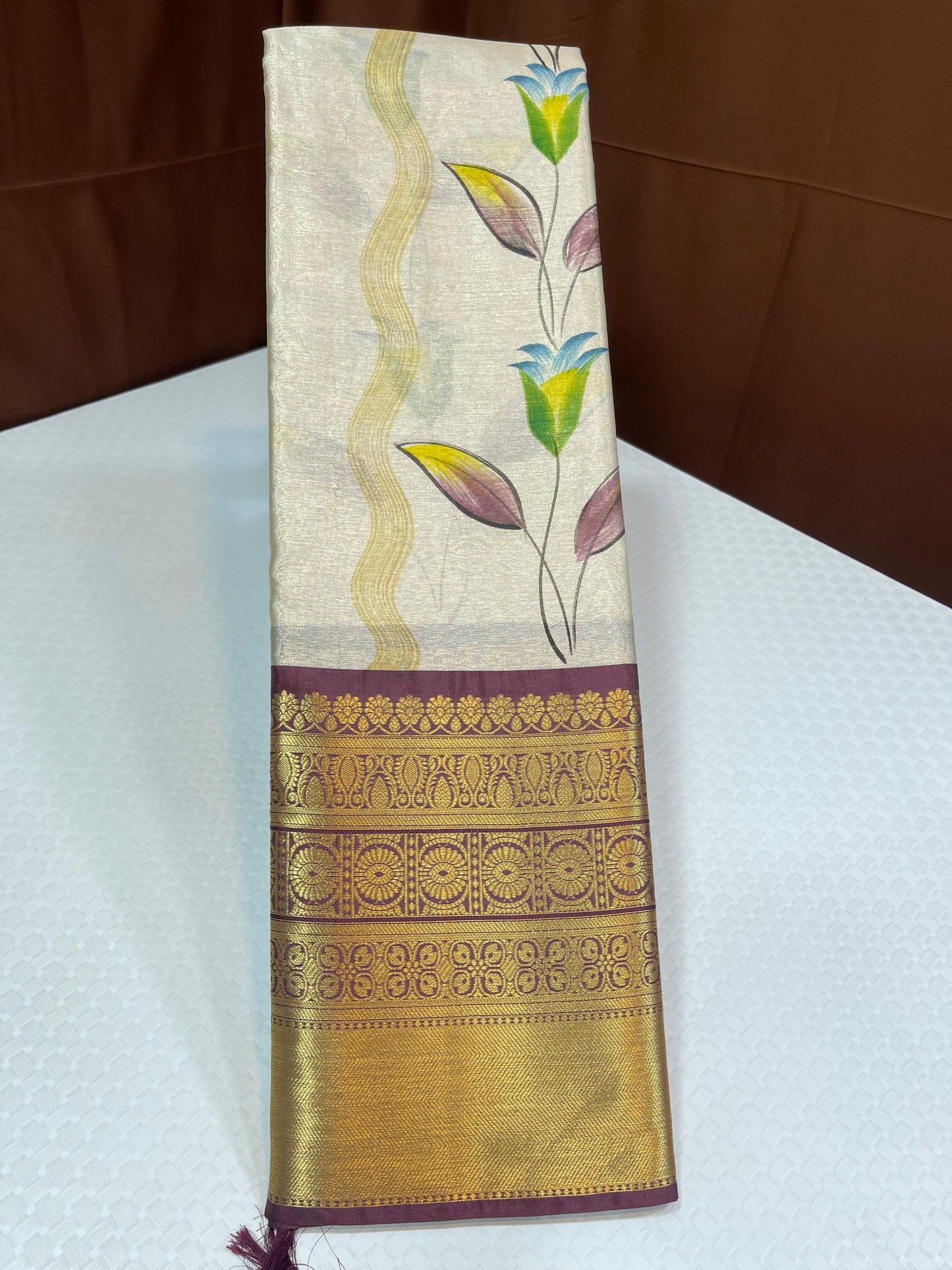 Off white Tissue Silk Floral Handpainted Boota Contrast Brown Border Banarasi Saree MS_TS20