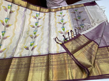 Off white Tissue Silk Floral Handpainted Boota Contrast Brown Border Banarasi Saree MS_TS20