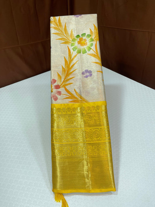 Off white Tissue Silk Floral Handpainted Jaal Contrast Yellow Border Banarasi Saree MS_TS21