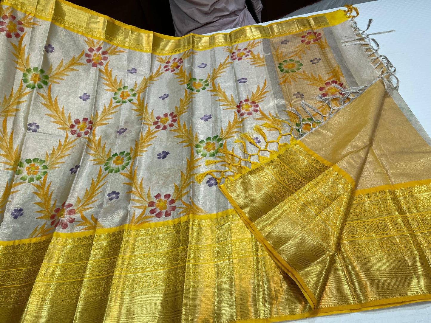 Off white Tissue Silk Floral Handpainted Jaal Contrast Yellow Border Banarasi Saree MS_TS21