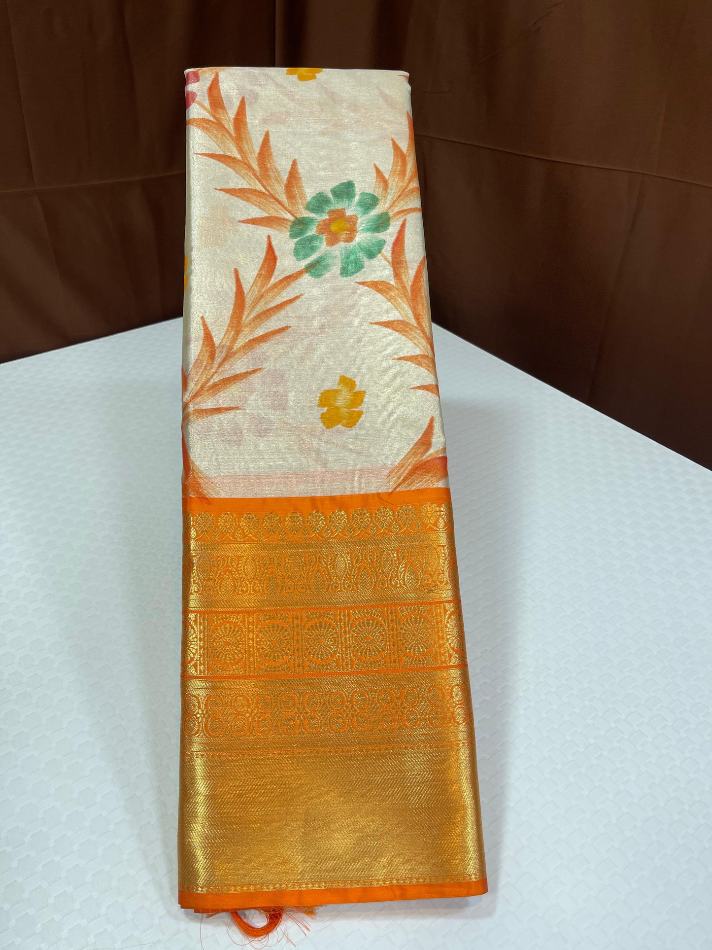 Off white Tissue Silk Floral Handpainted Jaal Contrast Orange Border Banarasi Saree MS_TS22