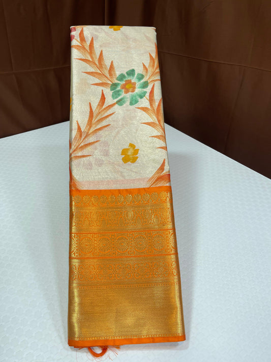 Off white Tissue Silk Floral Handpainted Jaal Contrast Orange Border Banarasi Saree MS_TS22