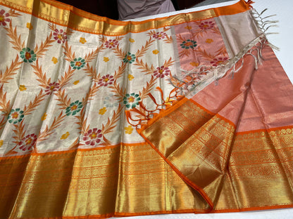 Off white Tissue Silk Floral Handpainted Jaal Contrast Orange Border Banarasi Saree MS_TS22