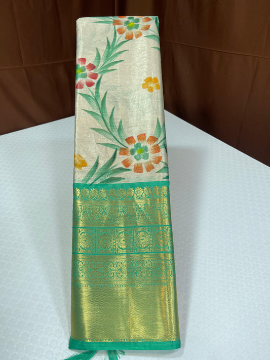 Off white Tissue Silk Floral Handpainted Jaal Contrast Seagreen Border Banarasi Saree MS_TS23