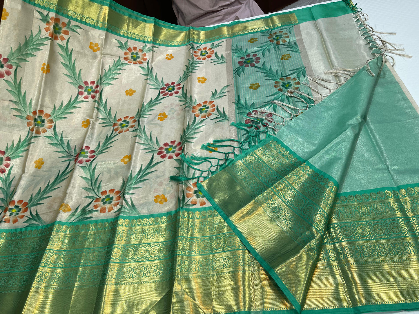 Off white Tissue Silk Floral Handpainted Jaal Contrast Seagreen Border Banarasi Saree MS_TS23