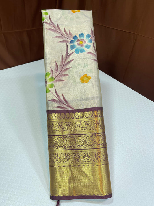 Off white Tissue Silk Floral Handpainted Jaal Contrast Brown Border Banarasi Saree MS_TS25
