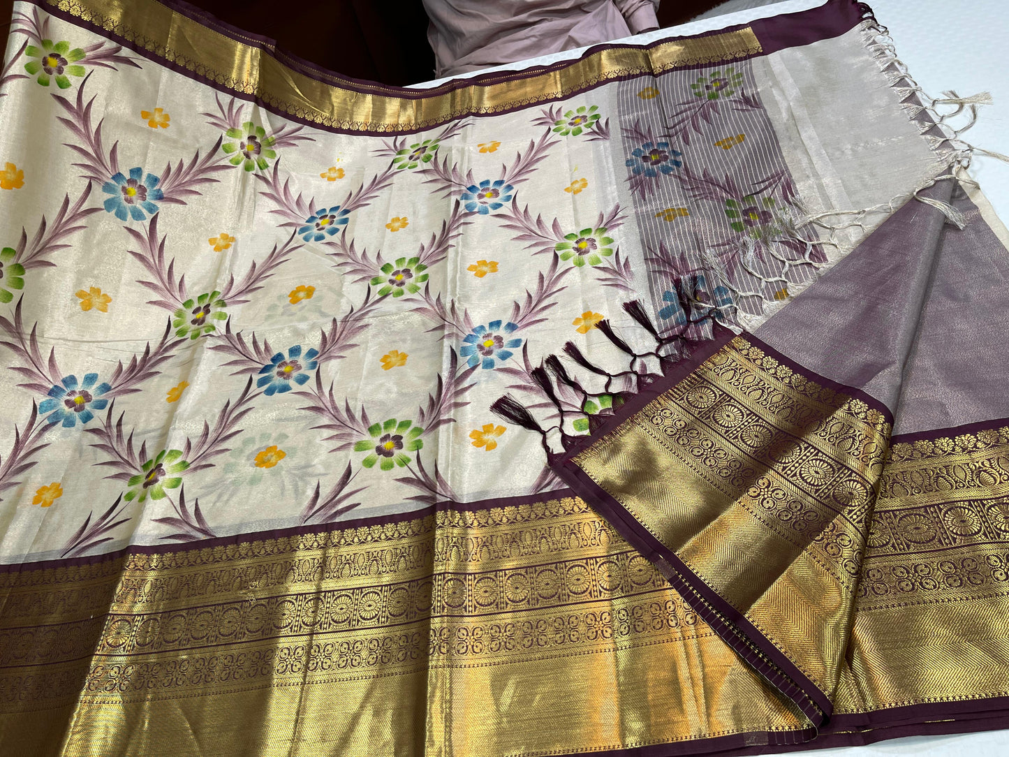 Off white Tissue Silk Floral Handpainted Jaal Contrast Brown Border Banarasi Saree MS_TS25