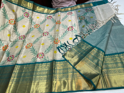 Off white Tissue Silk Floral Handpainted Jaal Contrast Dark Green Border Banarasi Saree MS_TS27