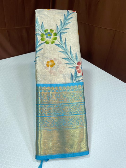 Off white Tissue Silk Floral Handpainted Jaal Contrast Blue Border Banarasi Saree MS_TS28