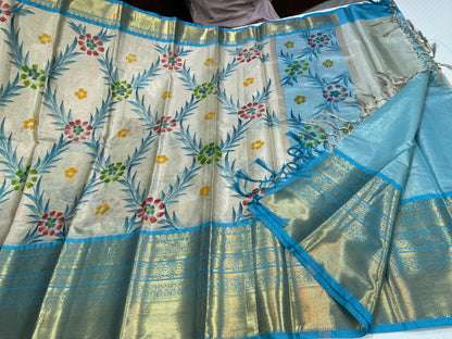 Off white Tissue Silk Floral Handpainted Jaal Contrast Blue Border Banarasi Saree MS_TS28