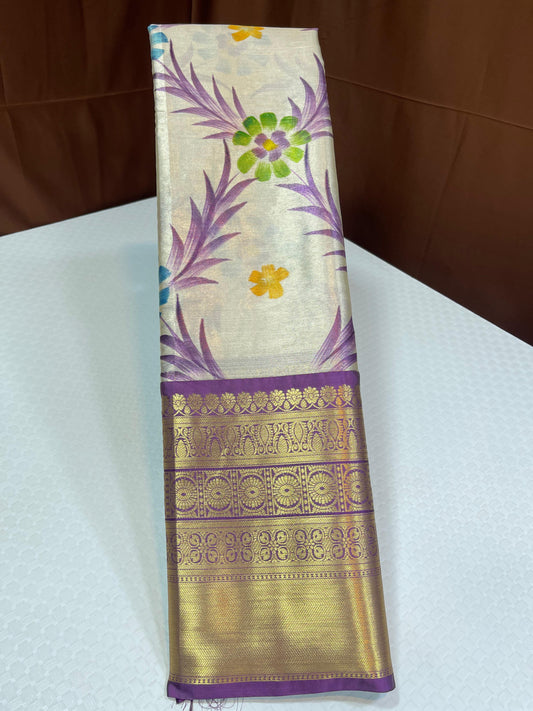 Off white Tissue Silk Floral Handpainted Jaal Contrast Purple Border Banarasi Saree MS_TS29