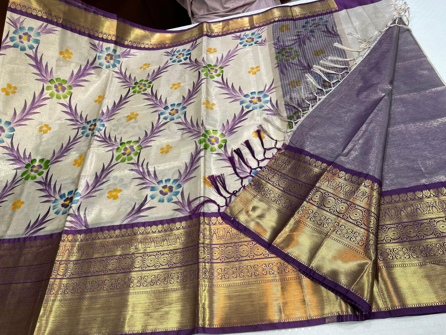 Off white Tissue Silk Floral Handpainted Jaal Contrast Purple Border Banarasi Saree MS_TS29