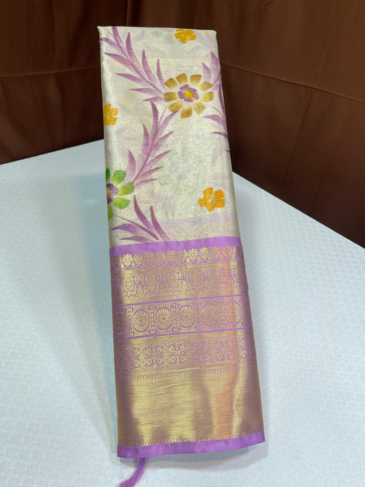 Off white Tissue Silk Floral Handpainted Jaal Contrast Lavender Border Banarasi Saree MS_TS24