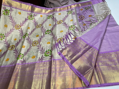 Off white Tissue Silk Floral Handpainted Jaal Contrast Lavender Border Banarasi Saree MS_TS24