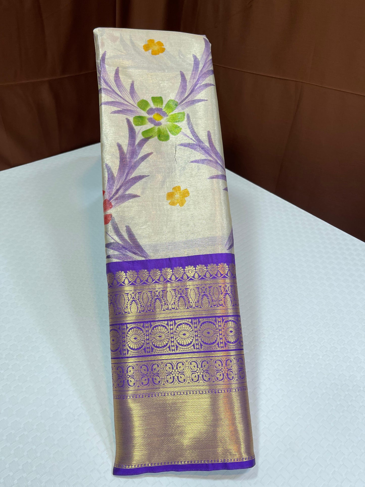 Off white Tissue Silk Floral Handpainted Jaal Contrast Indigo Blue Border Banarasi Saree MS_TS26