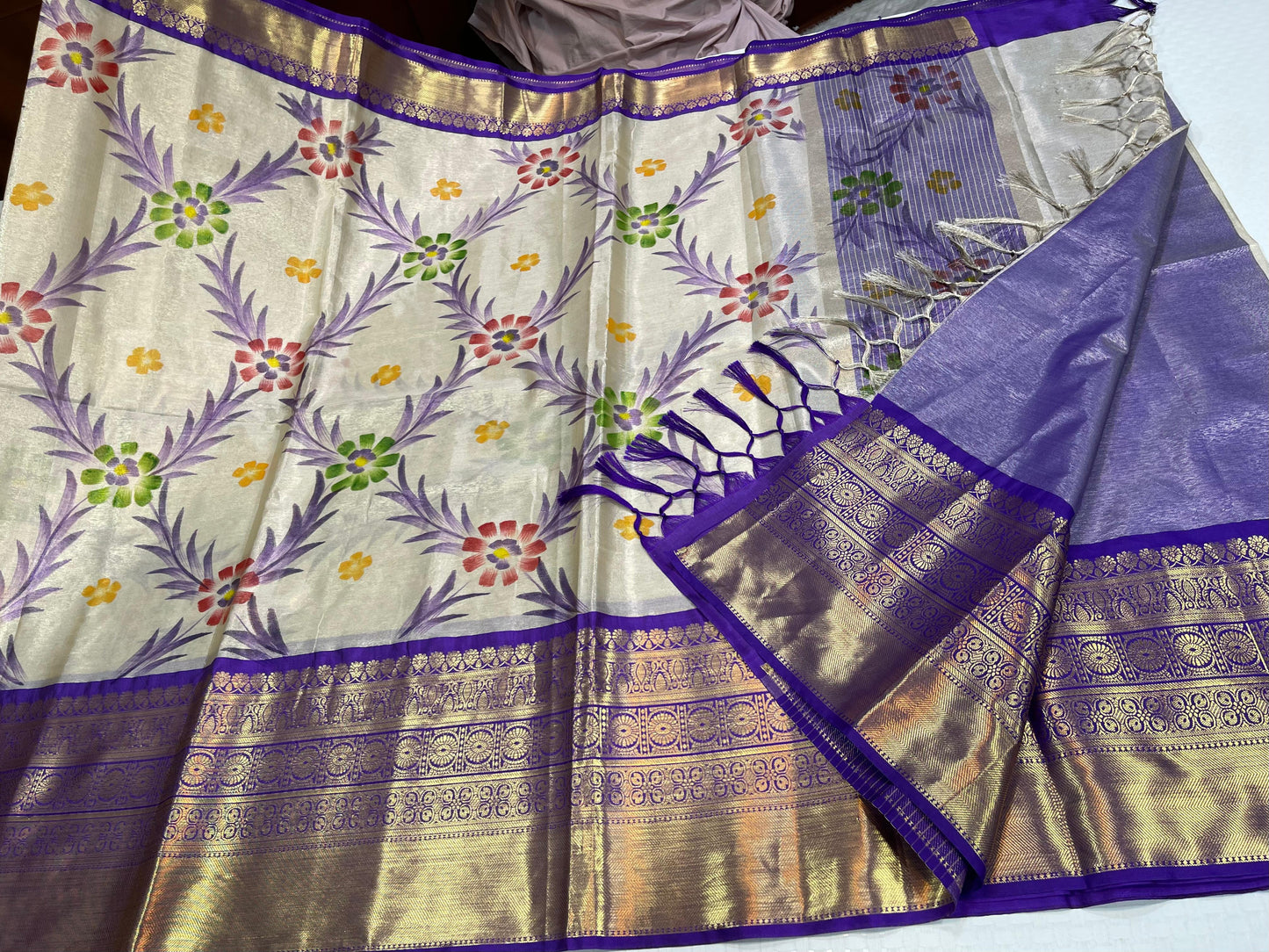 Off white Tissue Silk Floral Handpainted Jaal Contrast Indigo Blue Border Banarasi Saree MS_TS26