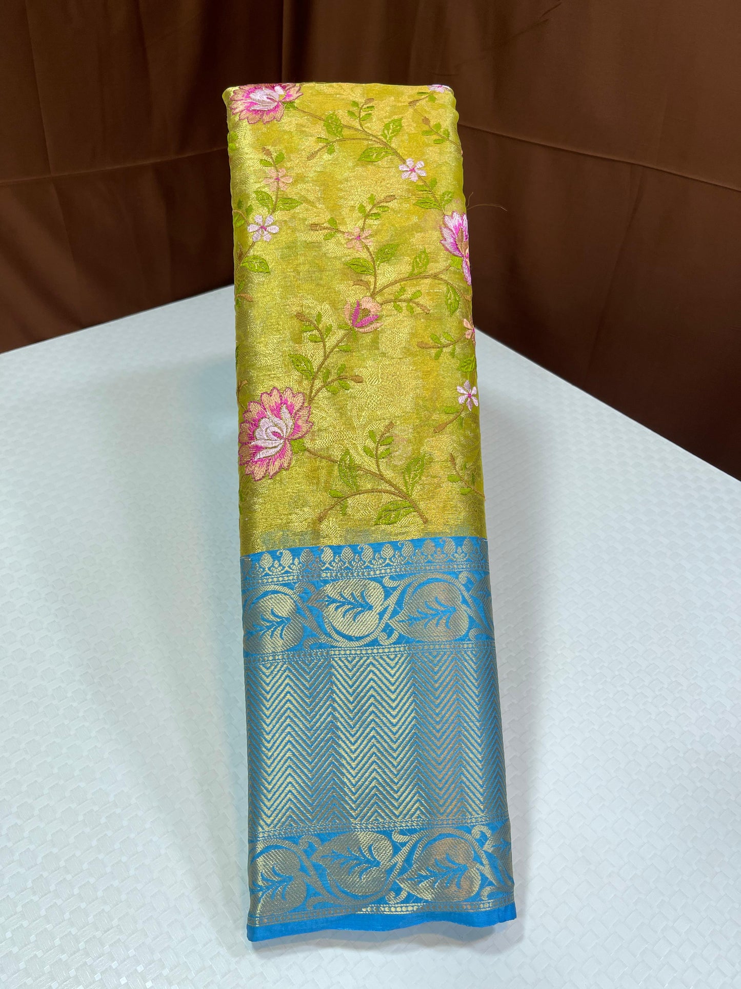 Gold Tissue Silk Floral Embroidery Reham Jaal with Contrast Blue Border Banarasi Saree MS_TS30