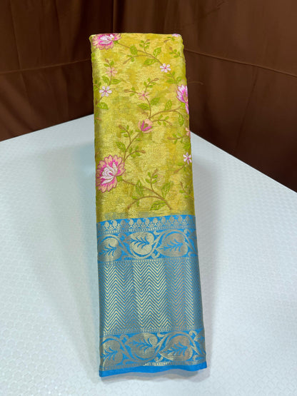 Gold Tissue Silk Floral Embroidery Reham Jaal with Contrast Blue Border Banarasi Saree MS_TS30