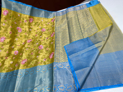 Gold Tissue Silk Floral Embroidery Reham Jaal with Contrast Blue Border Banarasi Saree MS_TS30