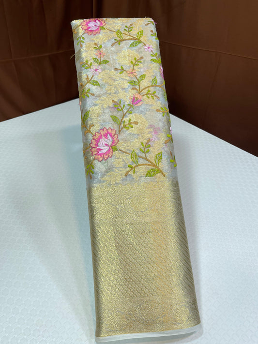 Off white Tissue Silk Floral Embroidery Reham Jaal with Skirt Border Banarasi Saree MS_TS31