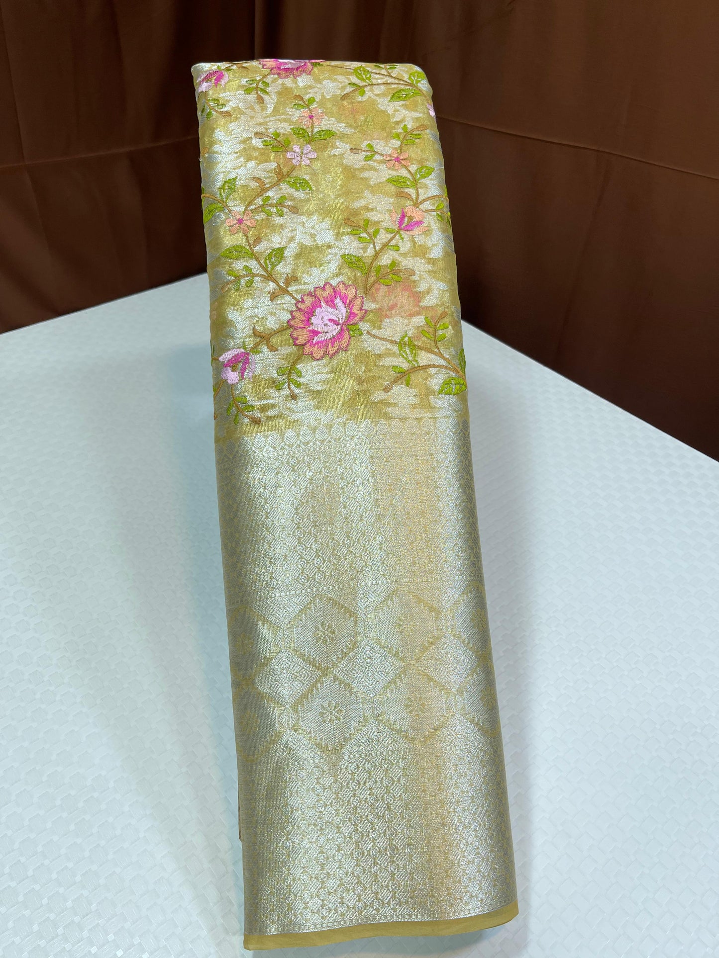 Light Gold Tissue Silk Floral Embroidery Resham Jaal with Skirt Border Banarasi Saree MS_TS32