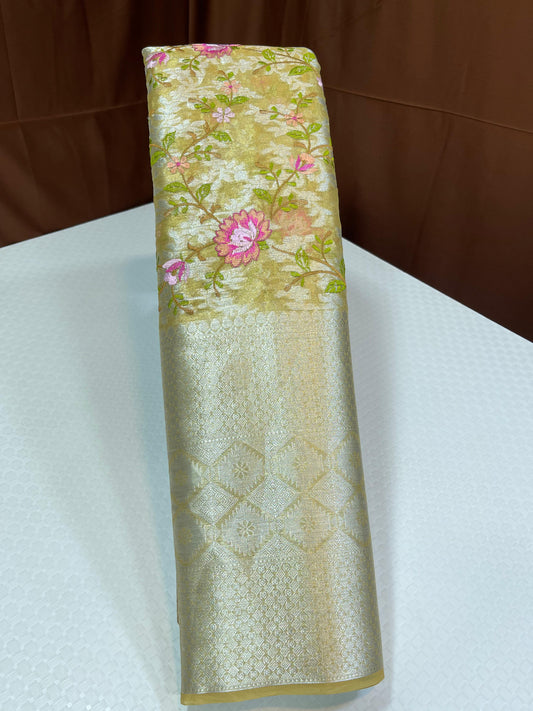 Light Gold Tissue Silk Floral Embroidery Resham Jaal with Skirt Border Banarasi Saree MS_TS32
