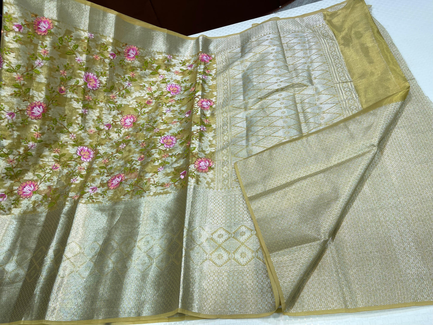 Light Gold Tissue Silk Floral Embroidery Resham Jaal with Skirt Border Banarasi Saree MS_TS32