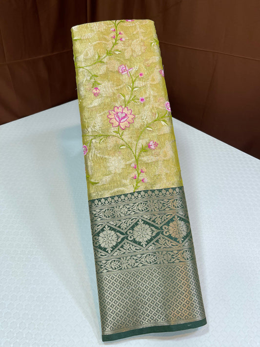 Light Gold Tissue Silk Floral Embroidery Reham Jaal with Dark Green Border Banarasi Saree MS_TS33