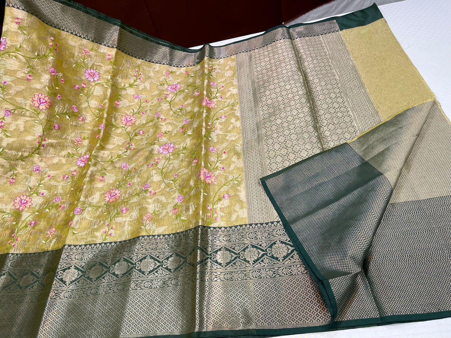 Light Gold Tissue Silk Floral Embroidery Reham Jaal with Dark Green Border Banarasi Saree MS_TS33