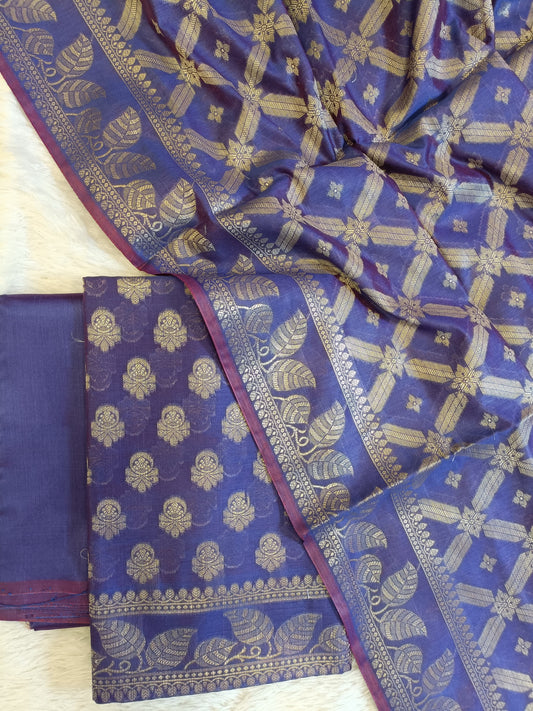 Violet Blue Cotton Blend Floral Zari Booti with Zig-Zag Zari Jaal Dupatta Banarasi Suit 65SHL_PV6