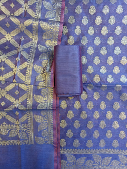 Violet Blue Cotton Blend Floral Zari Booti with Zig-Zag Zari Jaal Dupatta Banarasi Suit 65SHL_PV6