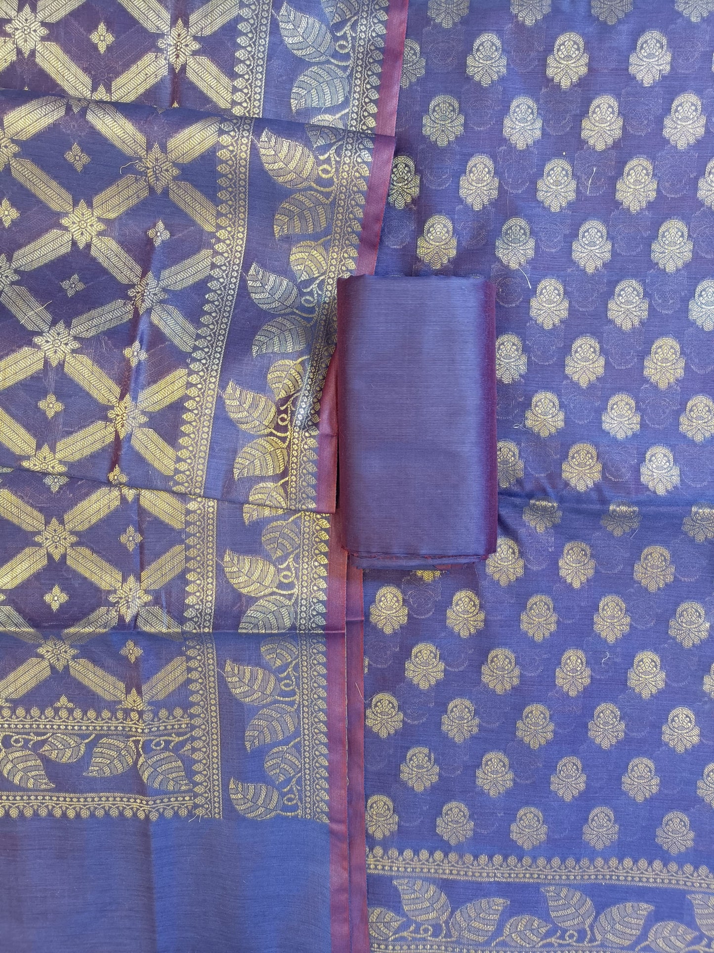 Violet Blue Cotton Blend Floral Zari Booti with Zig-Zag Zari Jaal Dupatta Banarasi Suit 65SHL_PV6