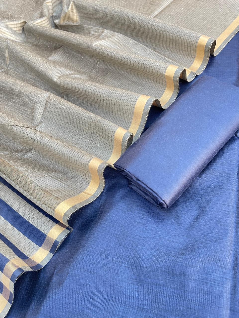 Premium Olive Gold Cotton Silk Banarasi Suit with Navy Plain Bottom & Stripe Zari Patti Dupatta 600SKL_CS19