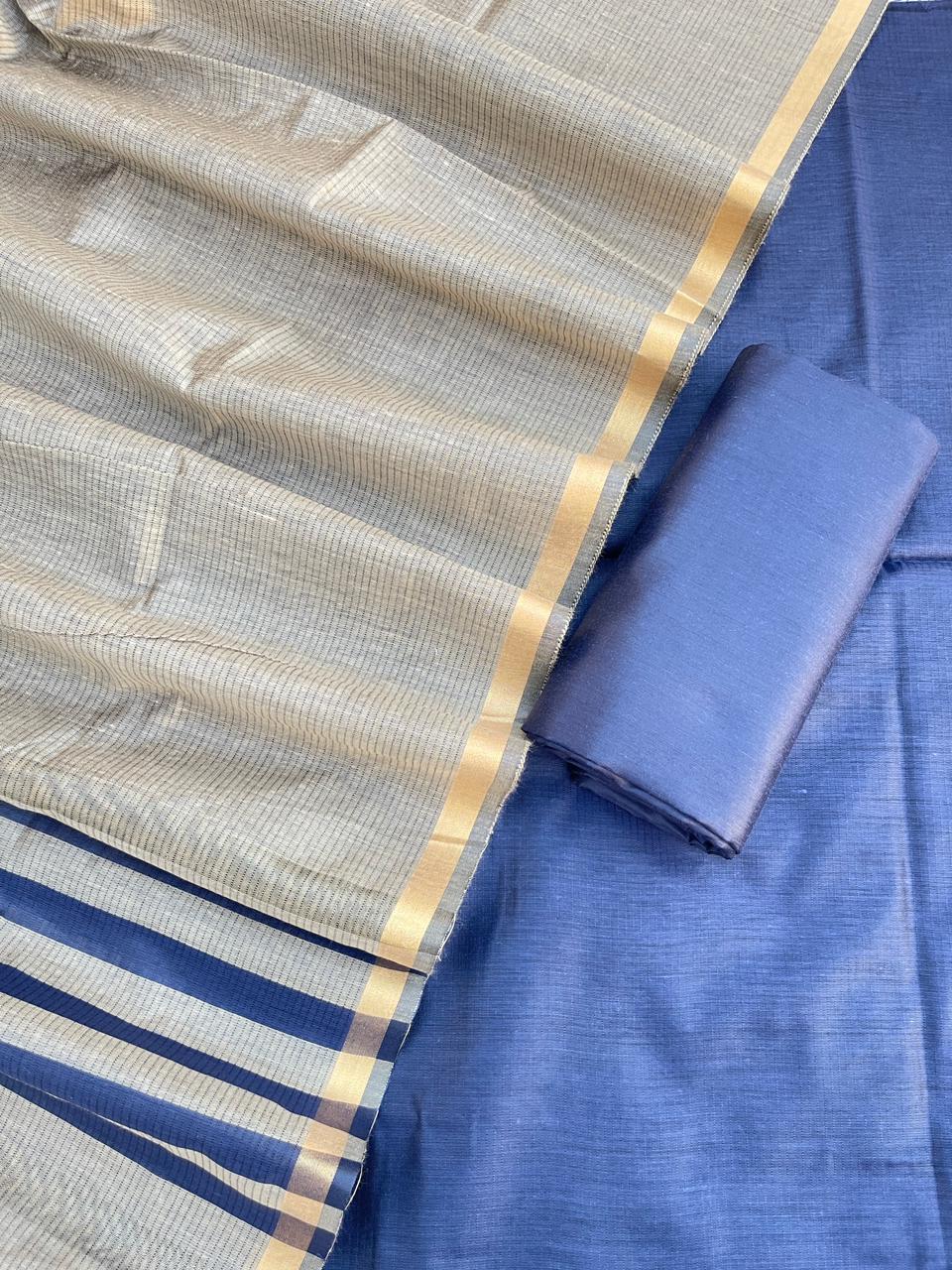 Premium Olive Gold Cotton Silk Banarasi Suit with Navy Plain Bottom & Stripe Zari Patti Dupatta 600SKL_CS19