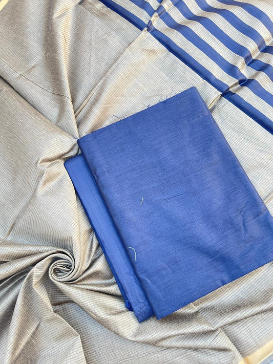 Premium Olive Gold Cotton Silk Banarasi Suit with Navy Plain Bottom & Stripe Zari Patti Dupatta 600SKL_CS19