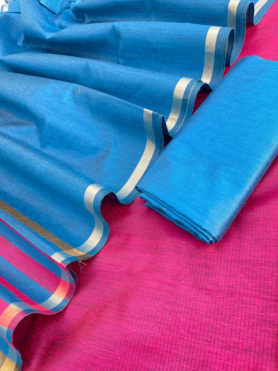 Magenta Cotton Silk Banarasi Suit with Contrast Blue Bottom & Zari Patti Dupatta 600SKL_CS25